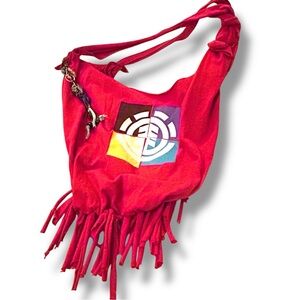 Upcycled Cherry Red Sling Shoulder Bag Element Skate Logo Charms & Fringe Tote